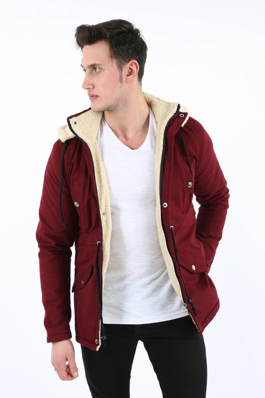 İçi Kürklü Çıkmalı Kapşonlu Kalın Erkek Günlük Kabardin Mont