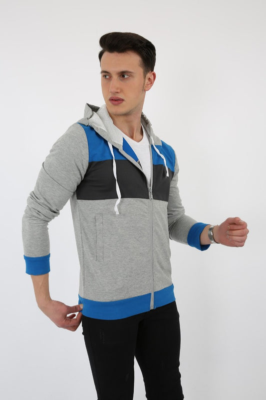 Parçalı Kapşonlu Fermuarlı Erkek Günlük Sweatshirt