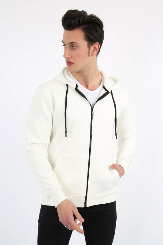 Üç İplik Düz Kapşonlu Fermuarlı Kanguru Cepli Erkek Günlük Sweatshirt
