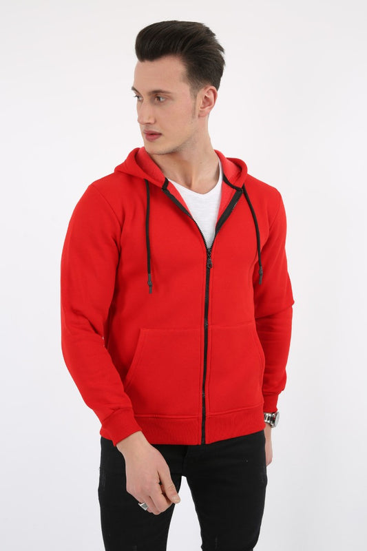 Üç İplik Düz Kapşonlu Fermuarlı Kanguru Cepli Erkek Günlük Sweatshirt