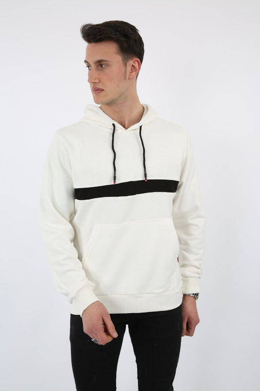 Üç İplik Kapşonlu Kalın Çizgili Kanguru Cepli Erkek Günlük Sweatshirt