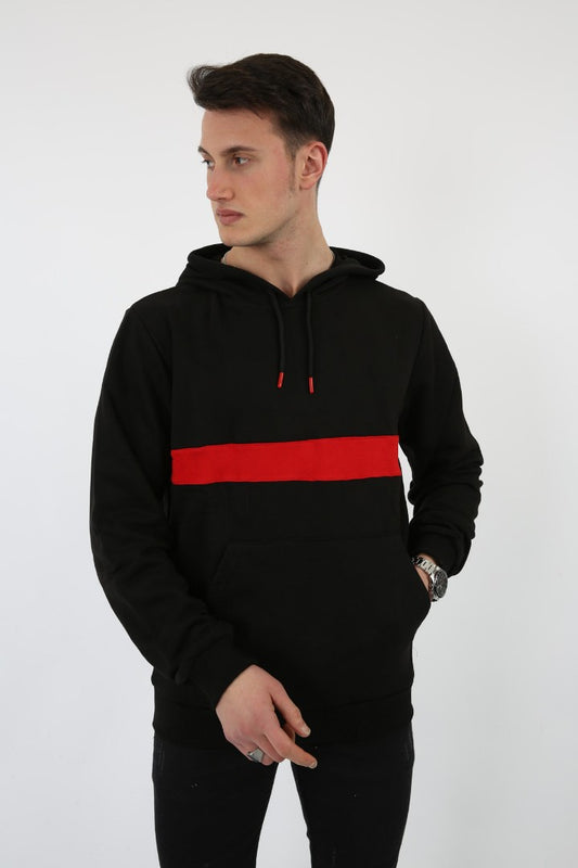 Üç İplik Kapşonlu Kalın Çizgili Kanguru Cepli Erkek Günlük Sweatshirt