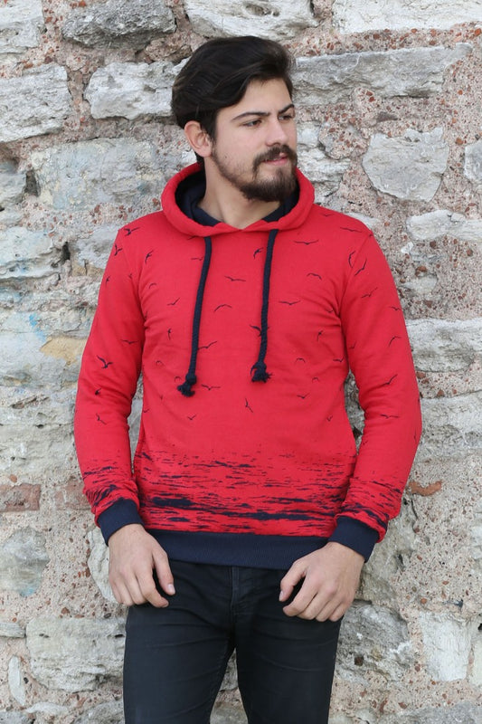 Üç İplik Kapşonlu Martı Desenli Erkek Günlük Sweatshirt