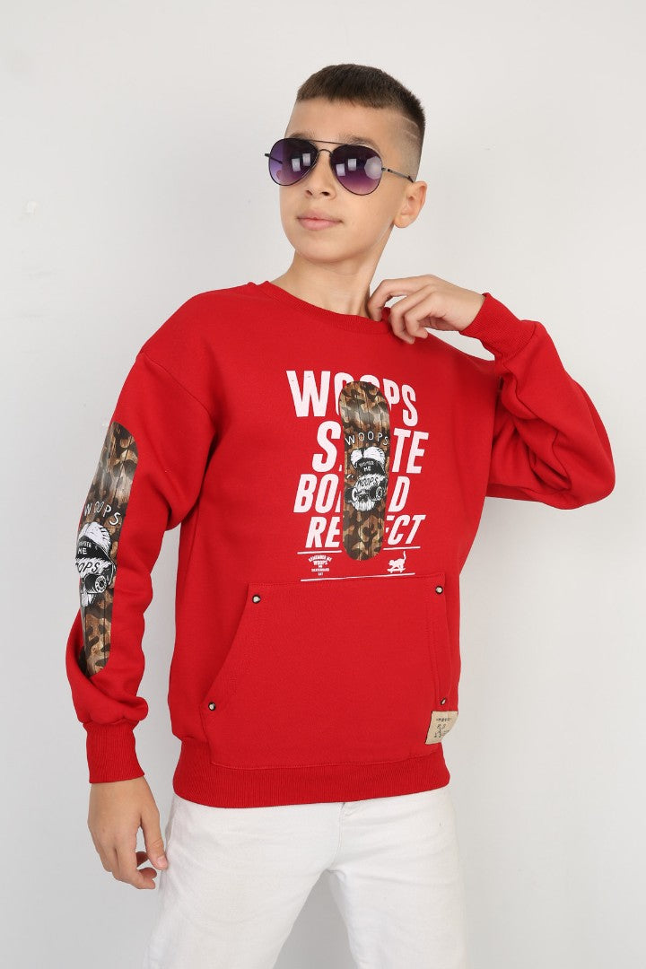 Üç İplik Şardonlu Baskılı Kanguru Cepli Erkek Çocuk Günlük Sweatshirt