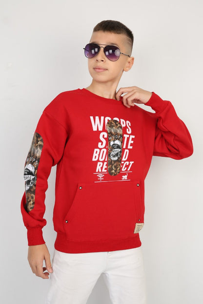 Üç İplik Şardonlu Baskılı Kanguru Cepli Erkek Çocuk Günlük Sweatshirt