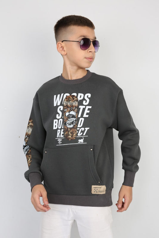 Üç İplik Şardonlu Baskılı Kanguru Cepli Erkek Çocuk Günlük Sweatshirt