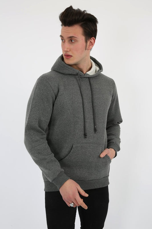 Üç İplik Şardonlu Kapşonlu Düz Erkek Günlük Sweatshirt