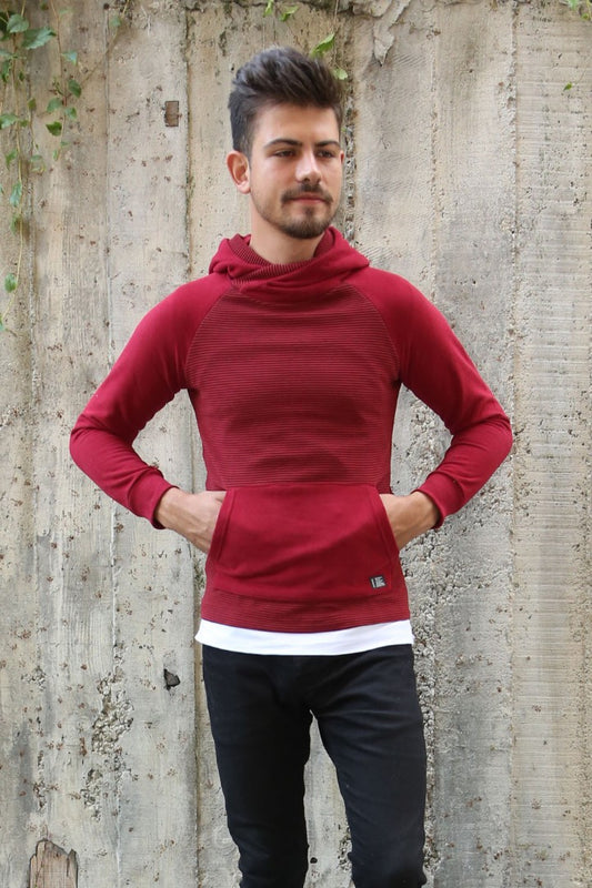 Üç İplik Şardonlu Kumaş Kapşonlu Kanguru Cepli Alttan Çıkmalı Erkek Günlük Sweatshirt