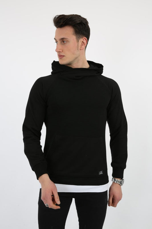 Üç İplik Şardonlu Kumaş Kapşonlu Kanguru Cepli Alttan Çıkmalı Erkek Günlük Sweatshirt