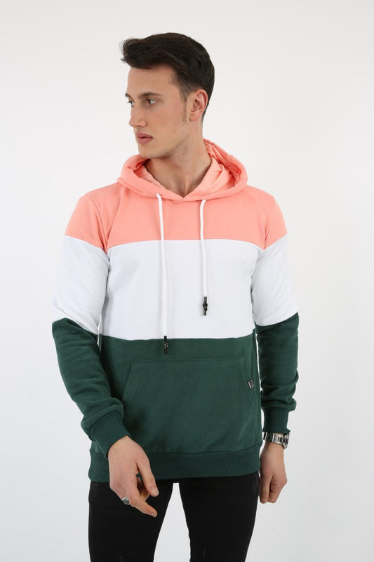 Üç Şardonlu Kapşonlu Parçalı Kanguru Cepli Erkek Günlük Sweatshirt