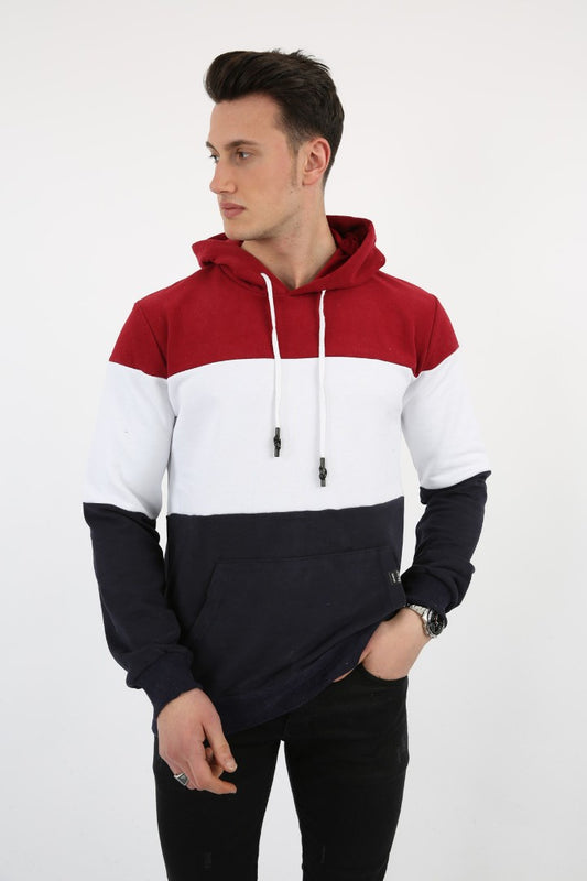 Üç Şardonlu Kapşonlu Parçalı Kanguru Cepli Erkek Günlük Sweatshirt