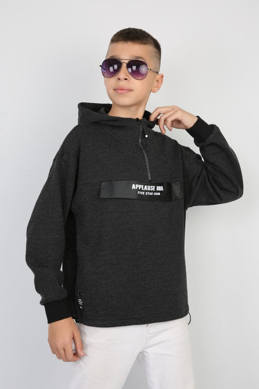 Yarım Fermuarlı Kapşonlu Baskılı Erkek Çocuk Günlük Sweatshirt