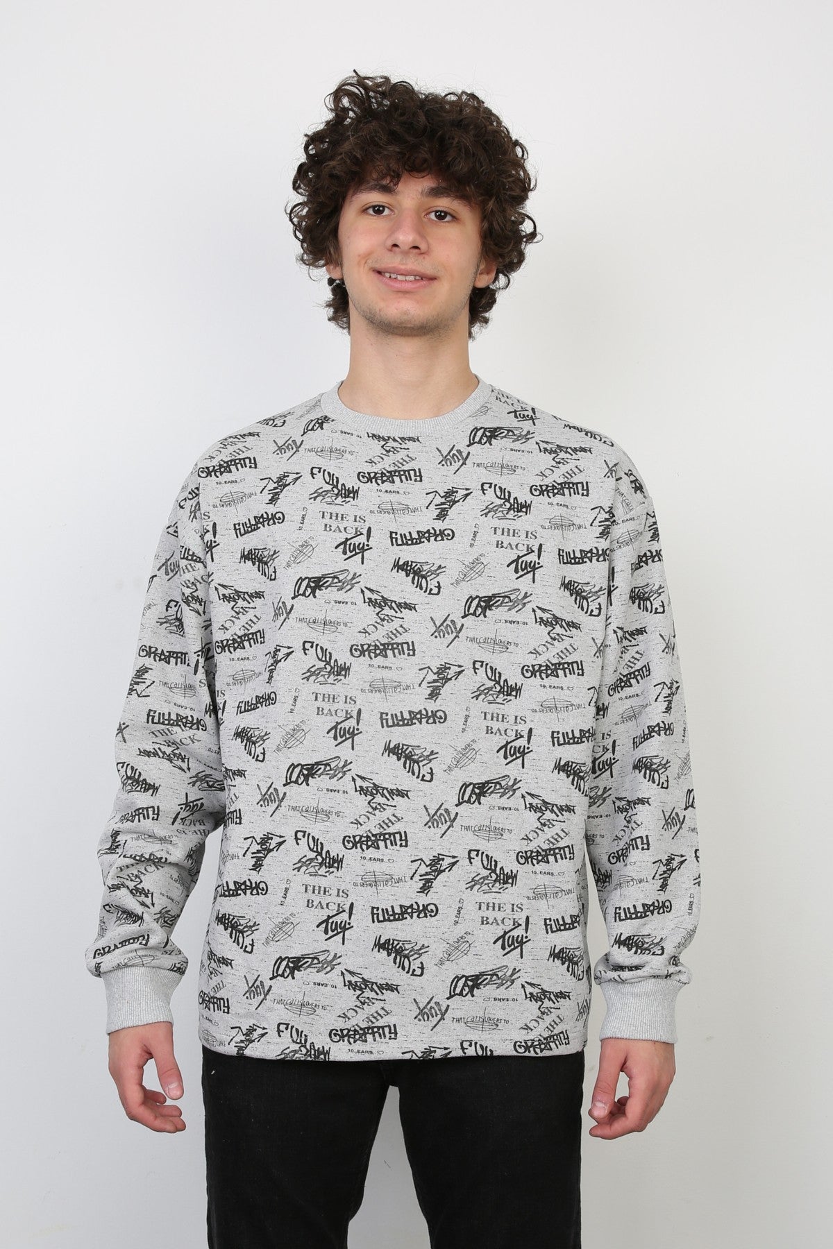 İki İplik Yazı Baskılı Oversize Erkek Günlük Sweatshirt