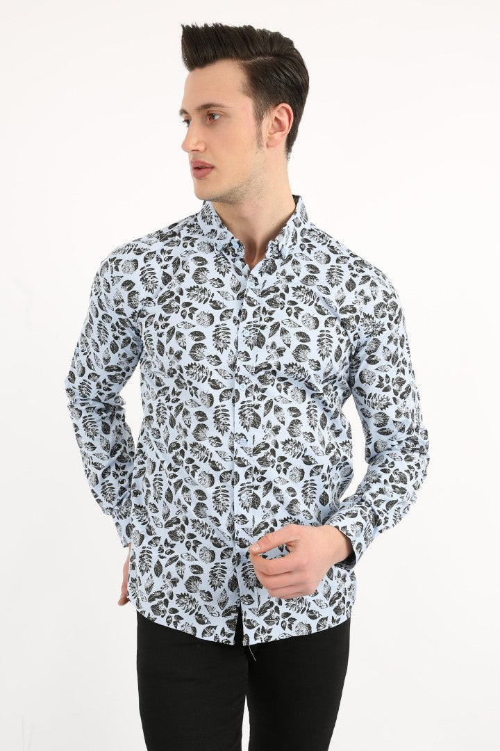Erkek Günlük Yaprak Desenli Likralı Gömlek
