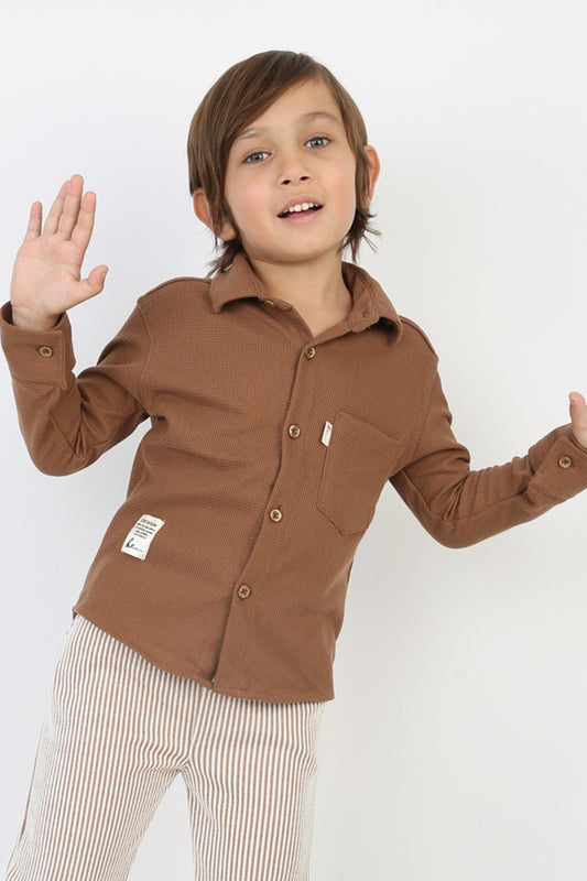 Erkek Çocuk Cepli Waffle Kumaş Likralı Rahat Şık Günlük Gömlek
