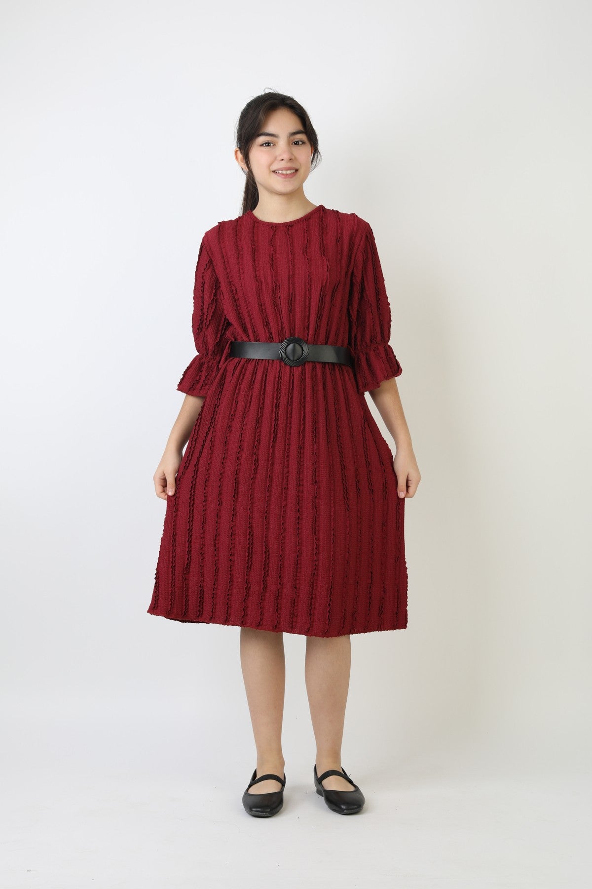 Fırfırlı Bürümcük Kumaş Kız Çocuk Kemerli Günlük Şık ve Rahat Elbise