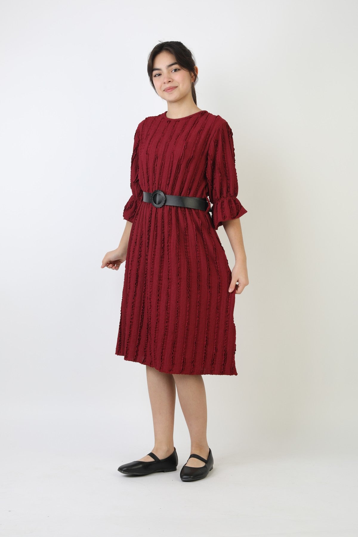 Fırfırlı Bürümcük Kumaş Kız Çocuk Kemerli Günlük Şık ve Rahat Elbise