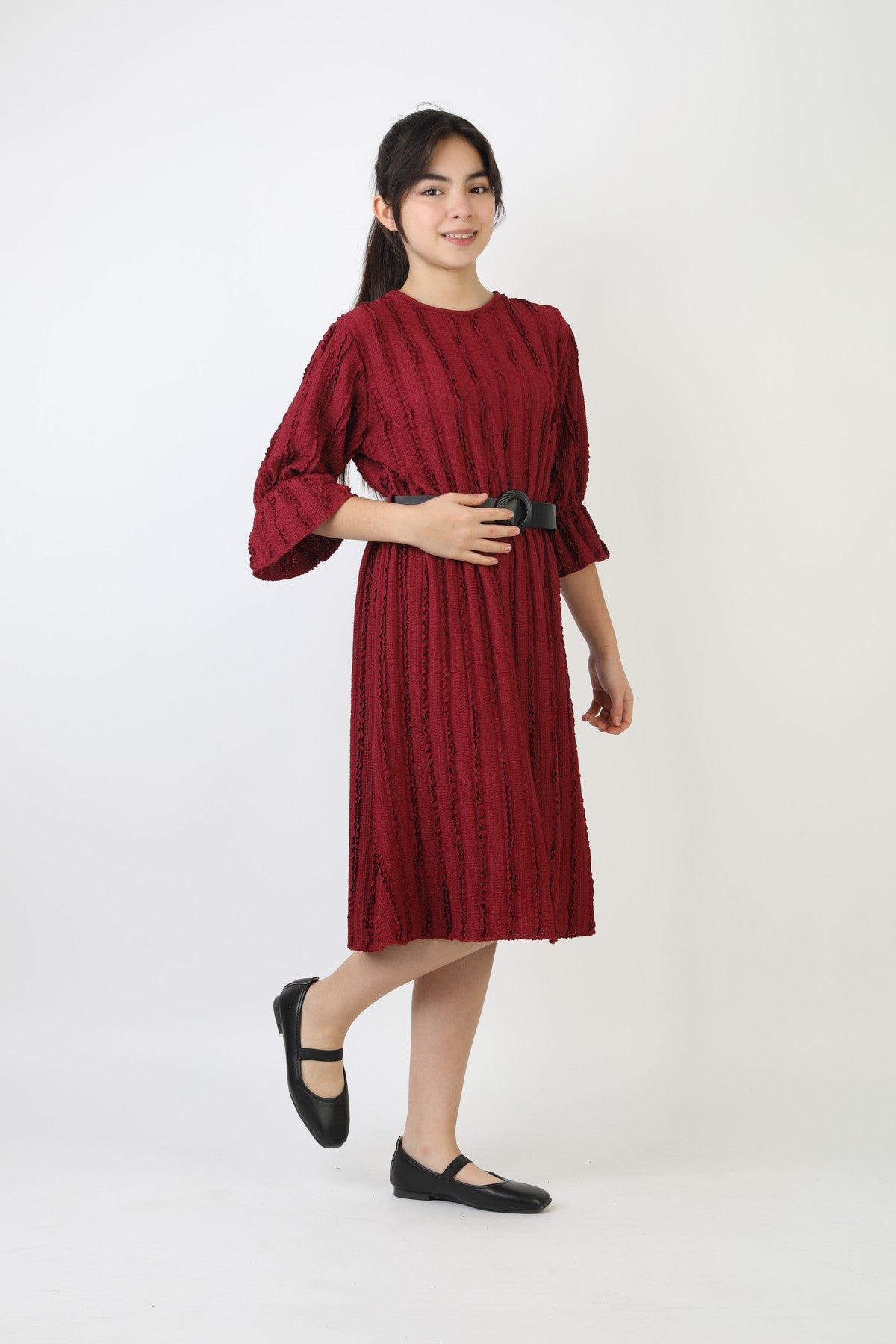 Fırfırlı Bürümcük Kumaş Kız Çocuk Kemerli Günlük Şık ve Rahat Elbise