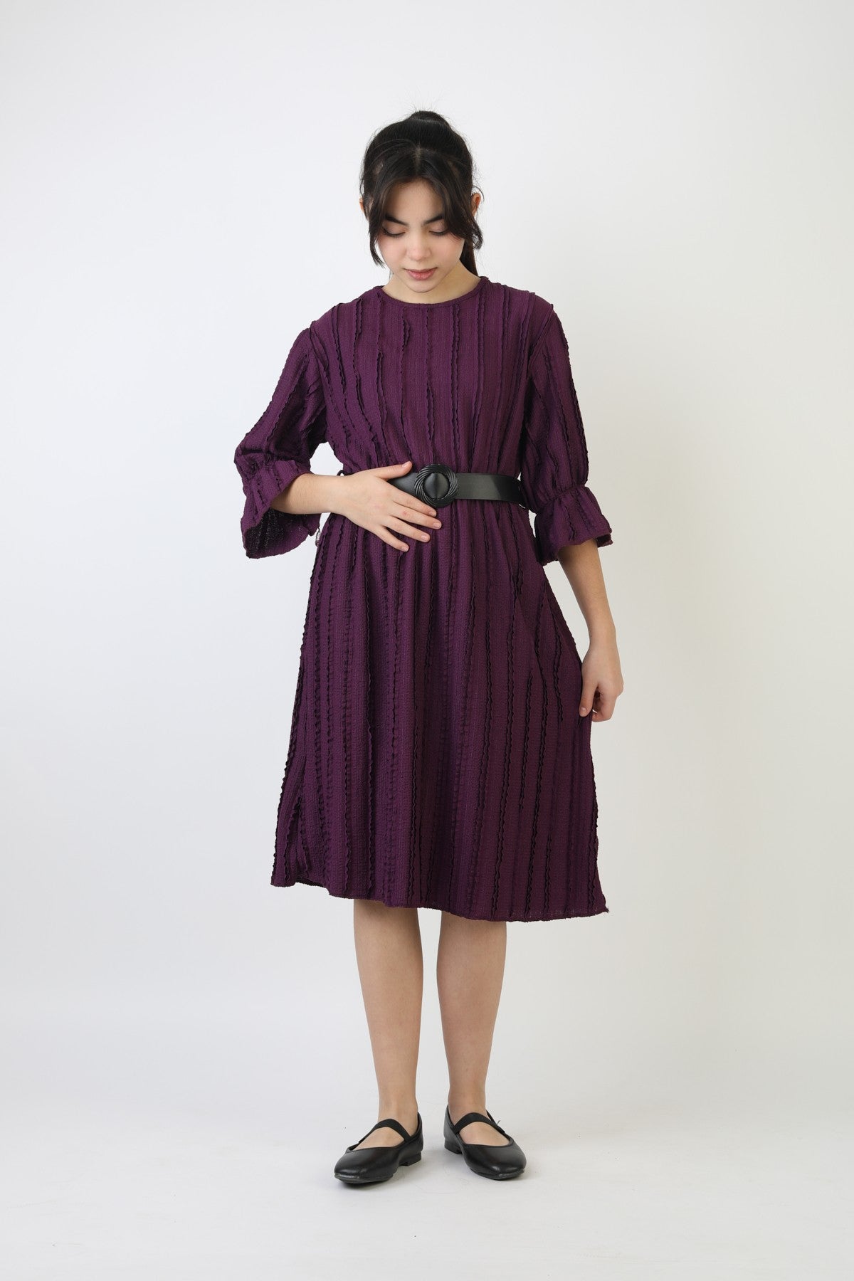 Fırfırlı Bürümcük Kumaş Kız Çocuk Kemerli Günlük Şık ve Rahat Elbise