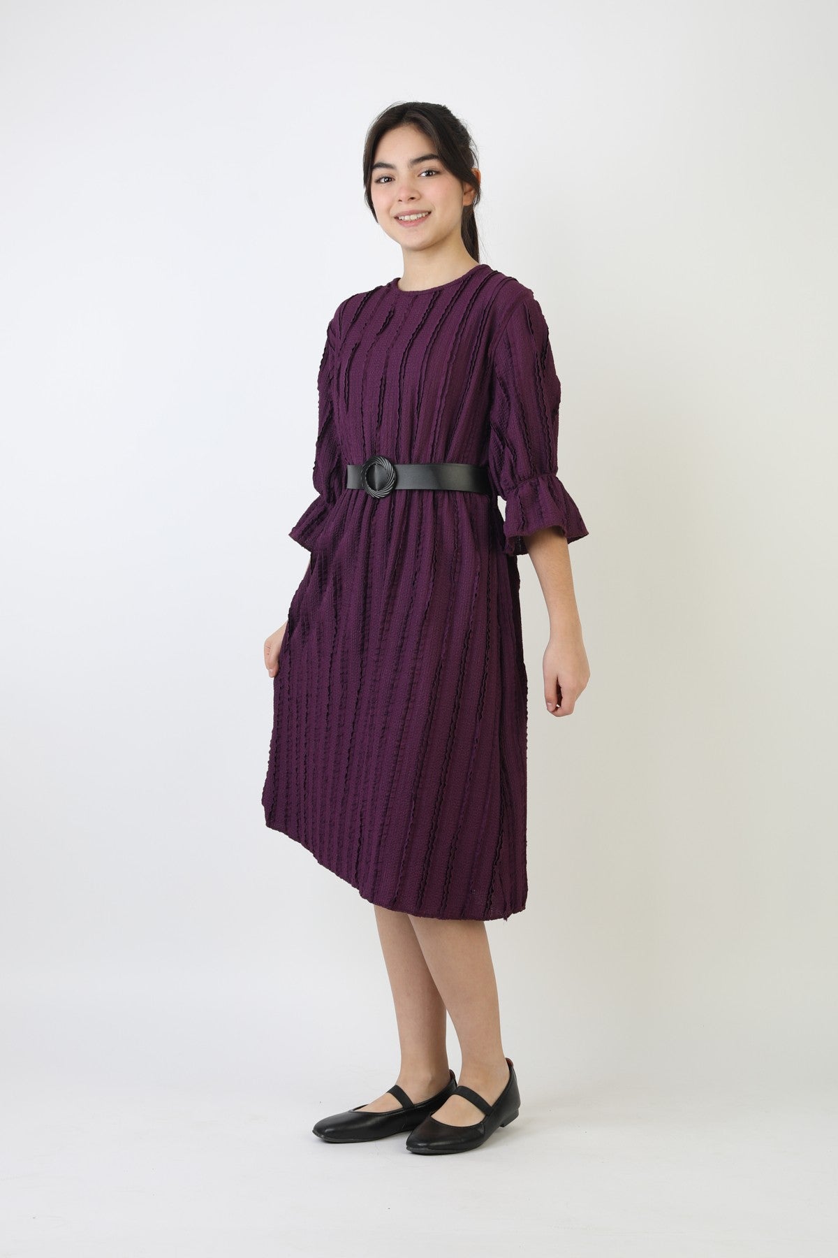 Fırfırlı Bürümcük Kumaş Kız Çocuk Kemerli Günlük Şık ve Rahat Elbise