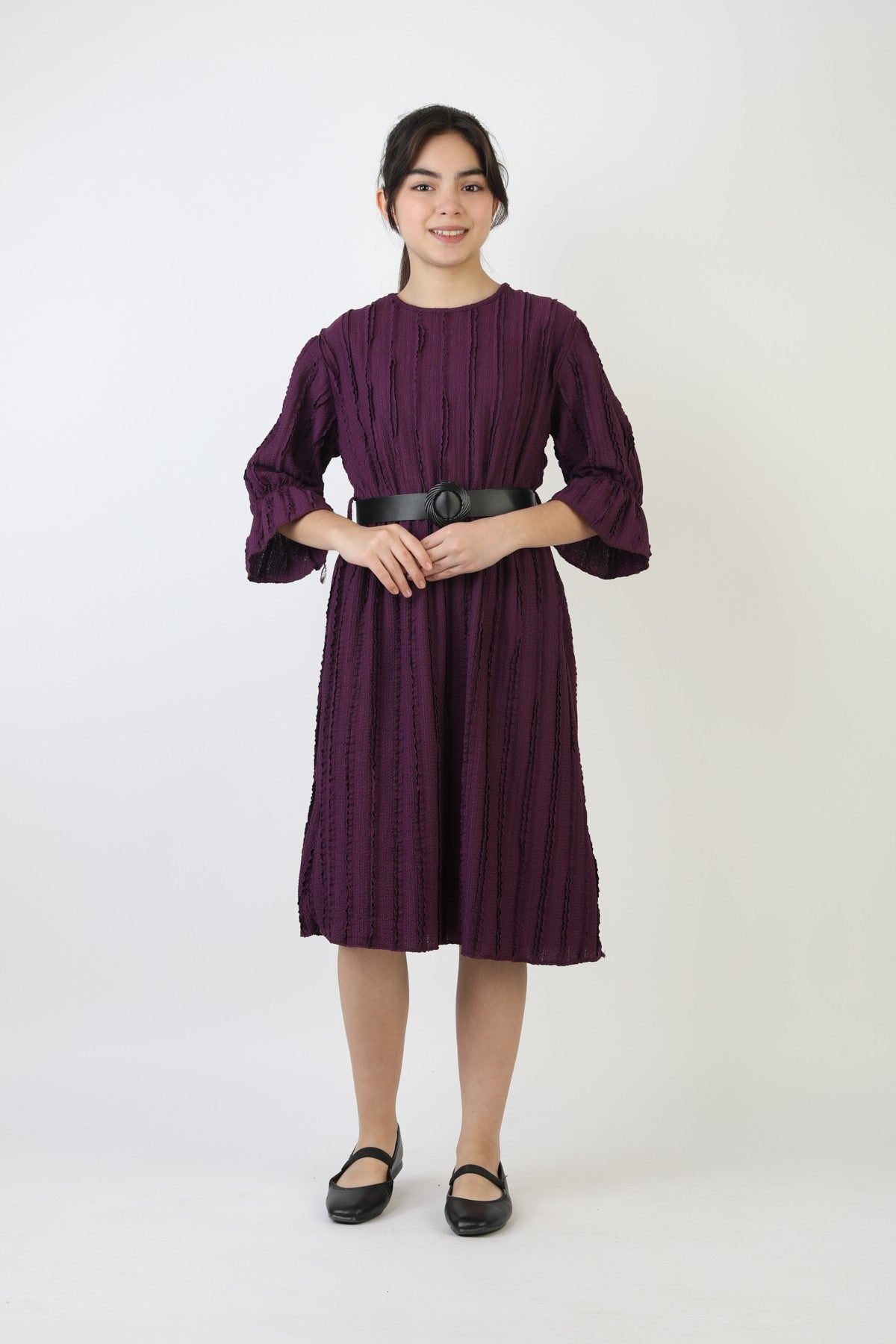 Fırfırlı Bürümcük Kumaş Kız Çocuk Kemerli Günlük Şık ve Rahat Elbise