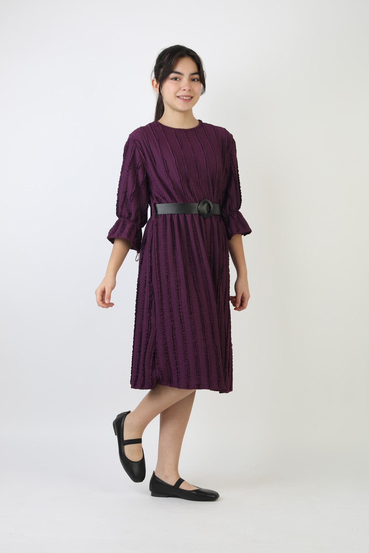 Fırfırlı Bürümcük Kumaş Kız Çocuk Kemerli Günlük Şık ve Rahat Elbise