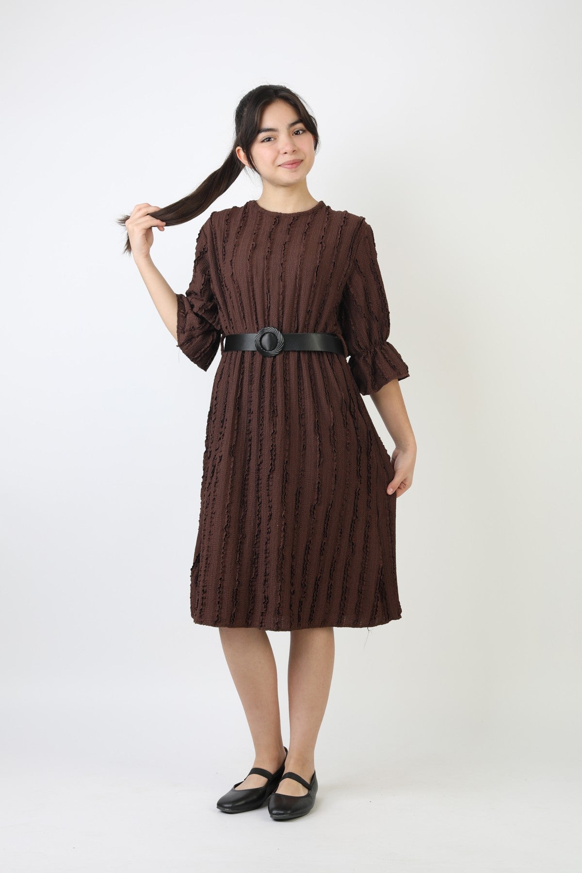 Fırfırlı Bürümcük Kumaş Kız Çocuk Kemerli Günlük Şık ve Rahat Elbise