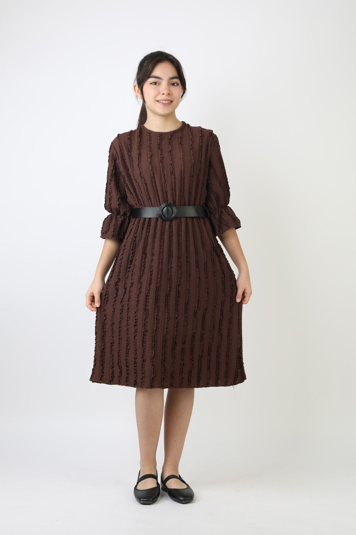 Fırfırlı Bürümcük Kumaş Kız Çocuk Kemerli Günlük Şık ve Rahat Elbise