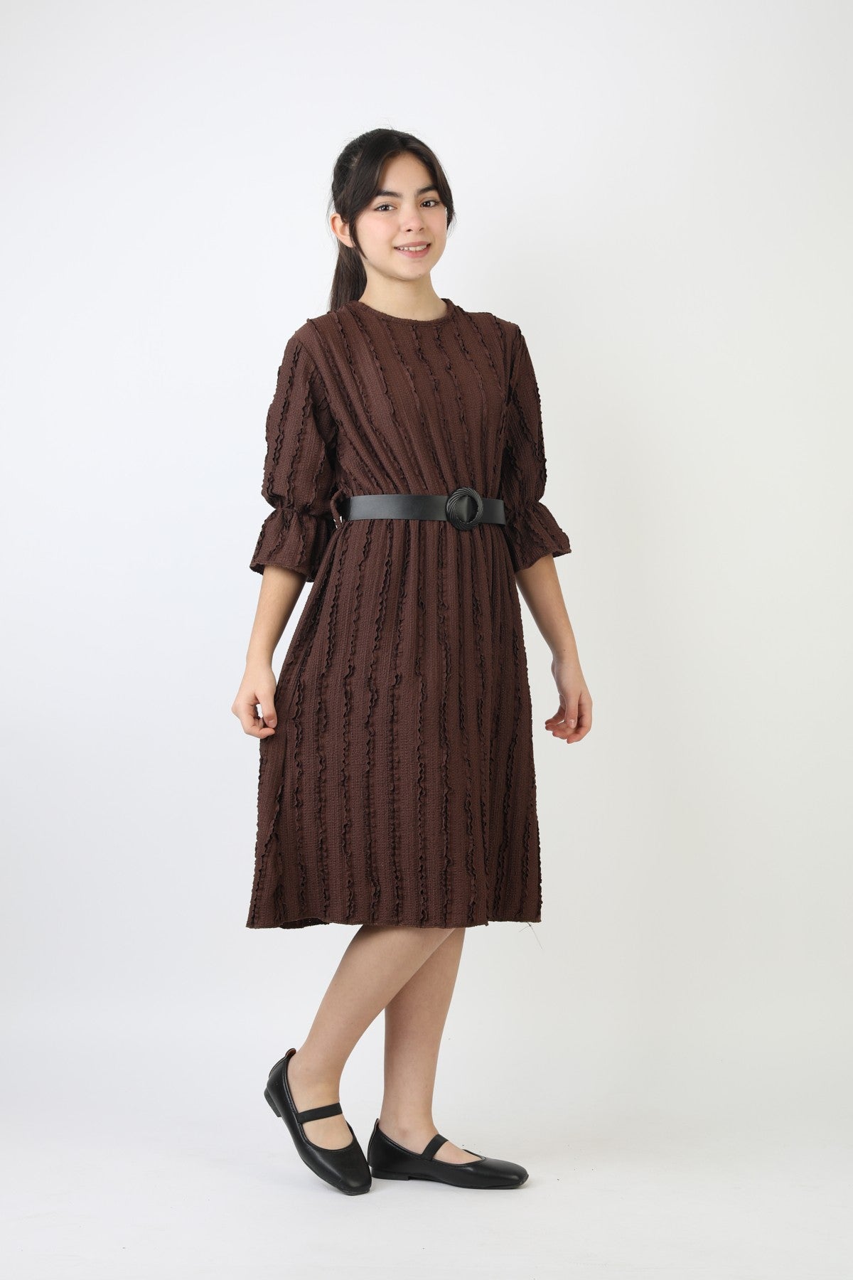 Fırfırlı Bürümcük Kumaş Kız Çocuk Kemerli Günlük Şık ve Rahat Elbise