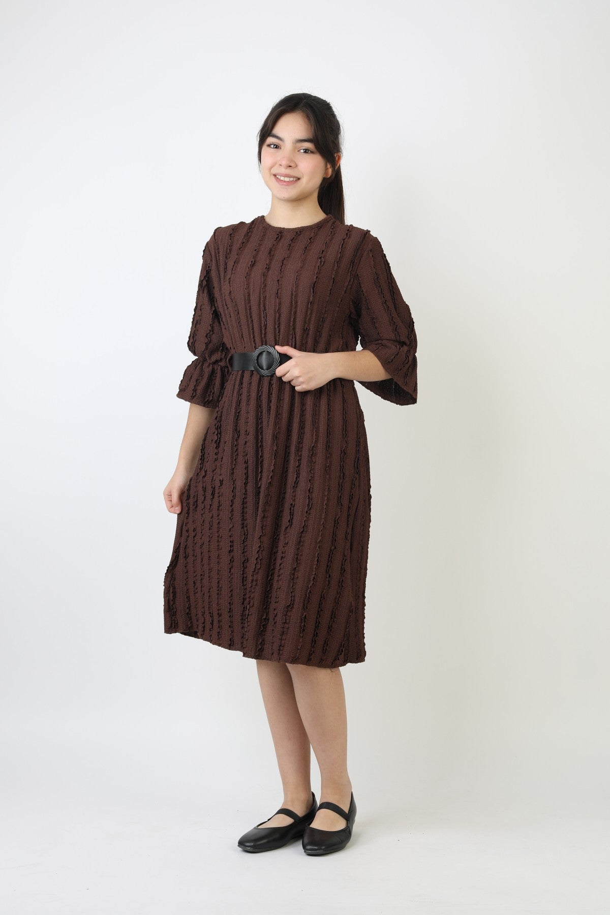 Fırfırlı Bürümcük Kumaş Kız Çocuk Kemerli Günlük Şık ve Rahat Elbise