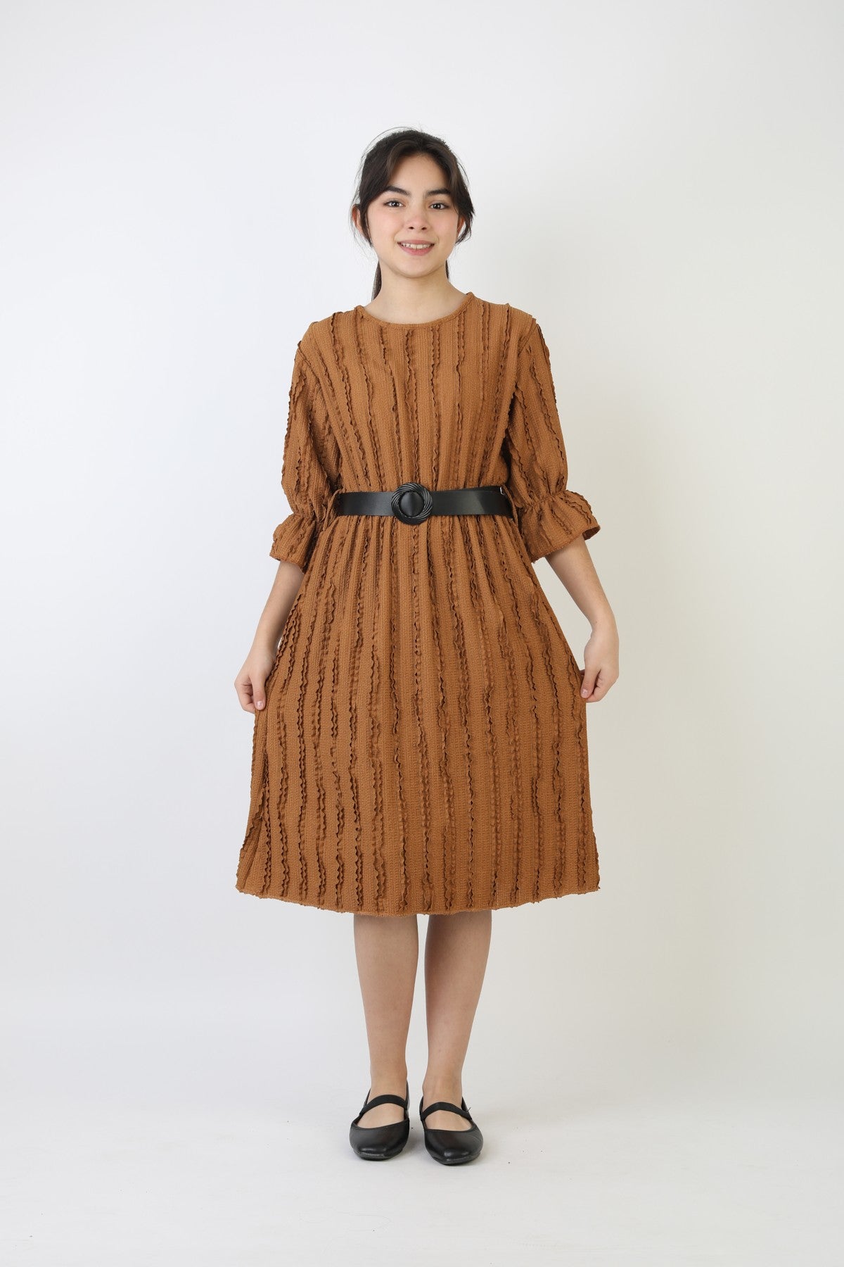 Fırfırlı Bürümcük Kumaş Kız Çocuk Kemerli Günlük Şık ve Rahat Elbise