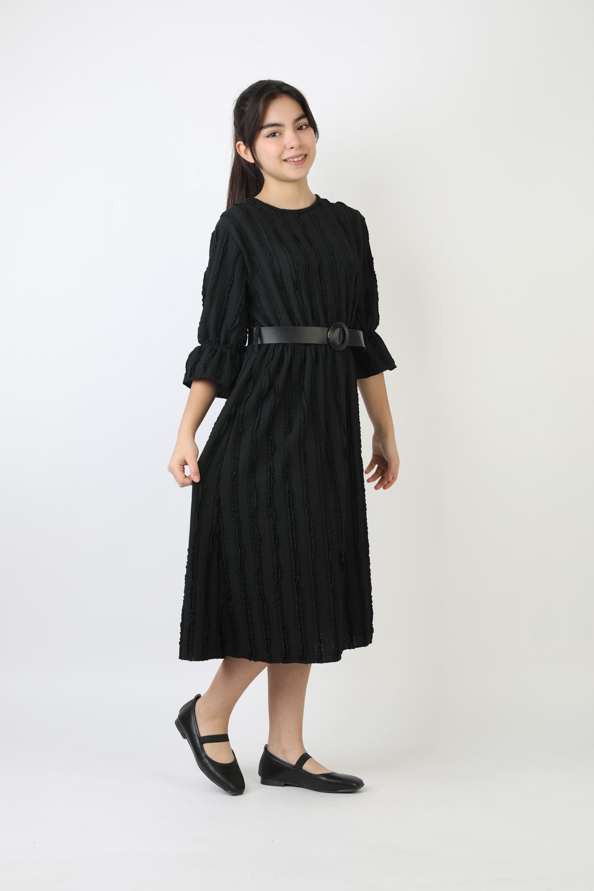 Fırfırlı Bürümcük Kumaş Kız Çocuk Kemerli Günlük Şık ve Rahat Elbise