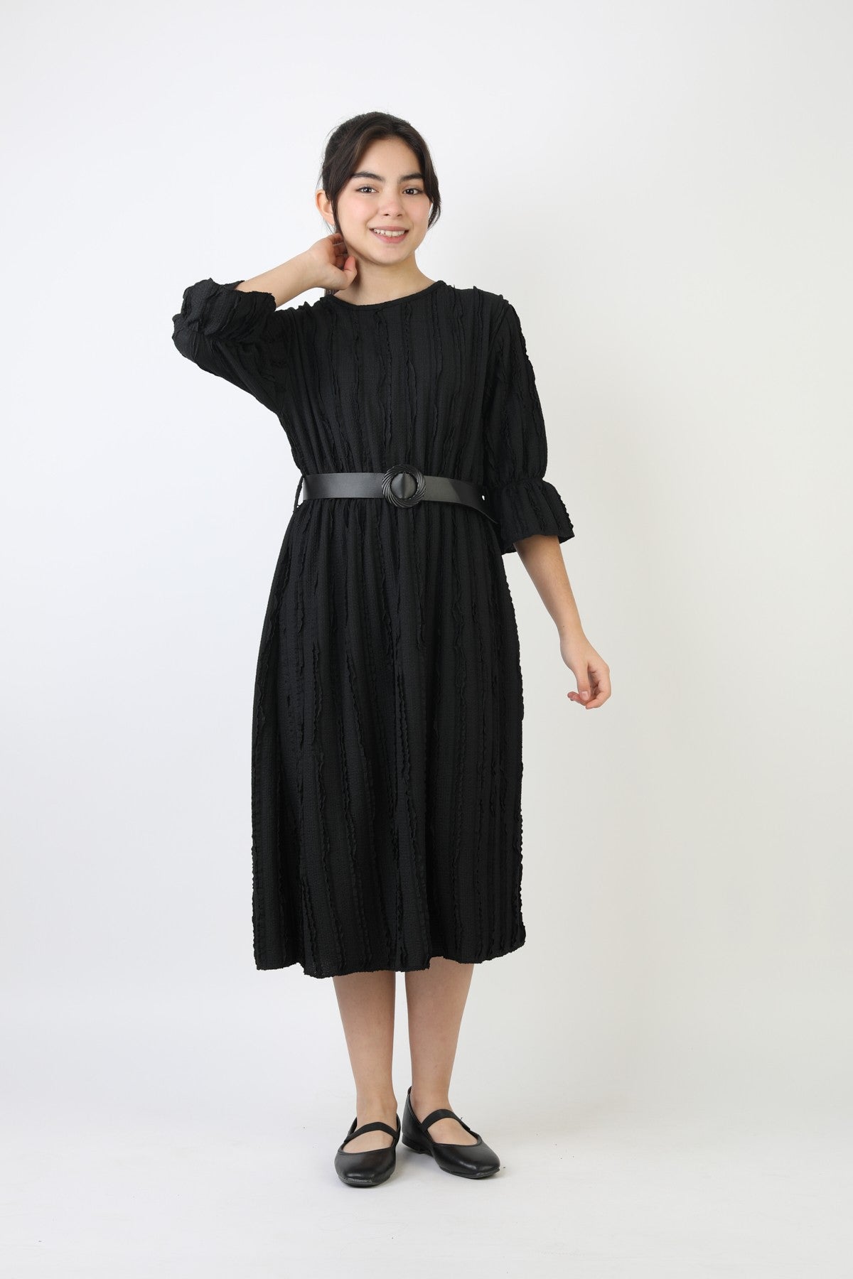 Fırfırlı Bürümcük Kumaş Kız Çocuk Kemerli Günlük Şık ve Rahat Elbise