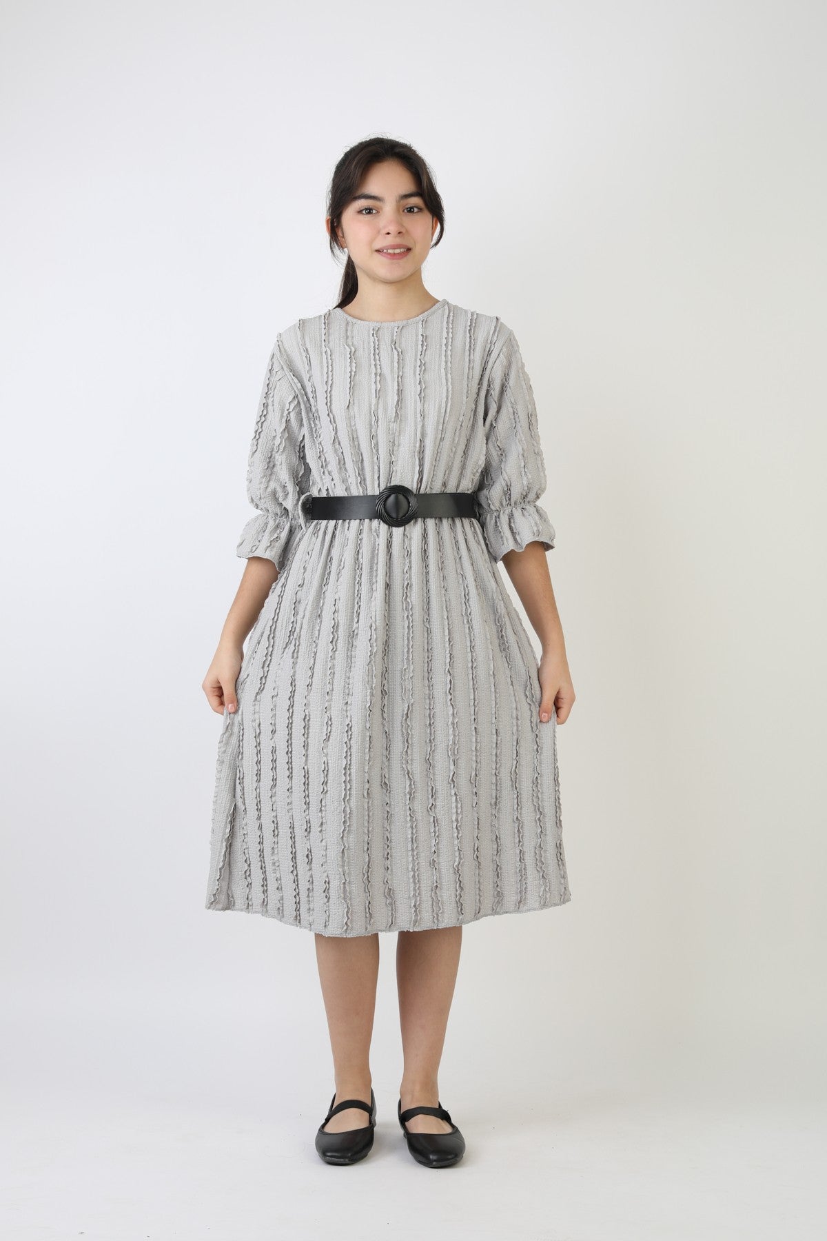 Fırfırlı Bürümcük Kumaş Kız Çocuk Kemerli Günlük Şık ve Rahat Elbise