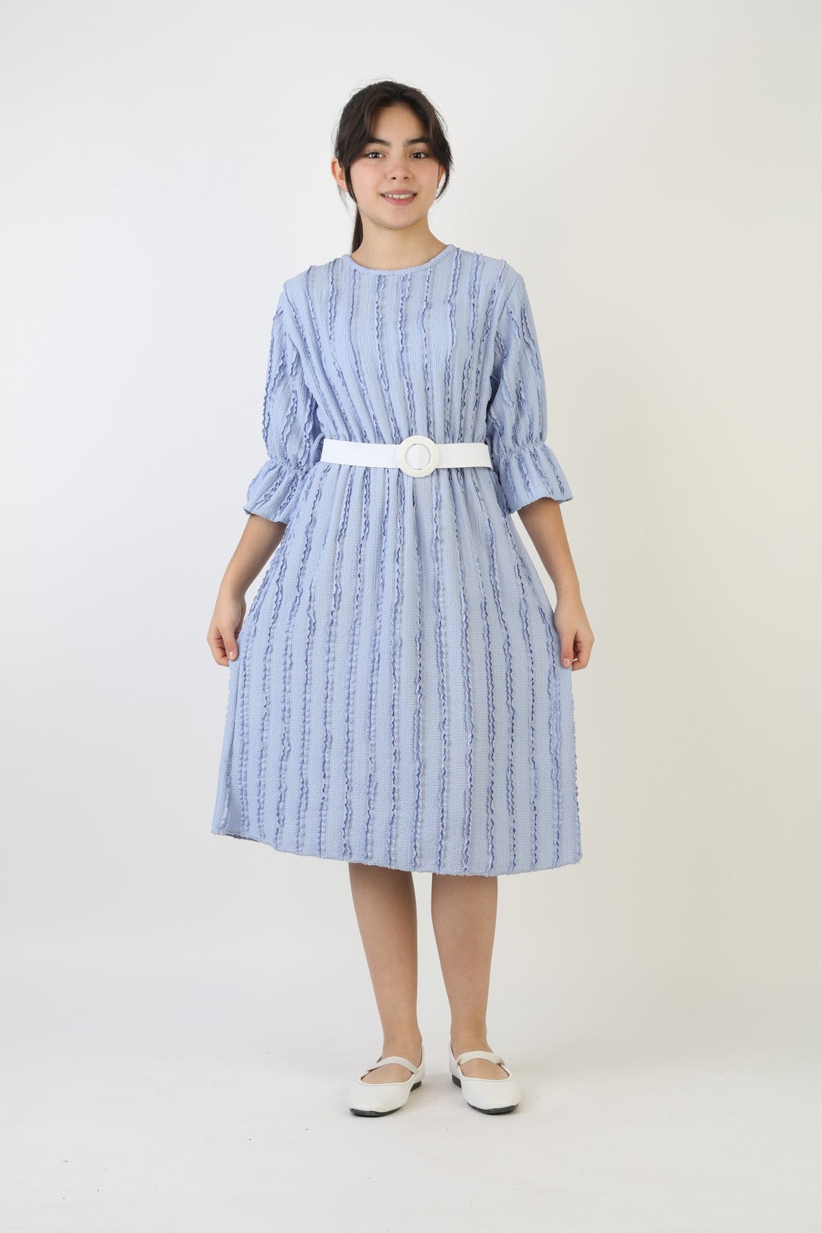 Fırfırlı Bürümcük Kumaş Kız Çocuk Kemerli Günlük Şık ve Rahat Elbise