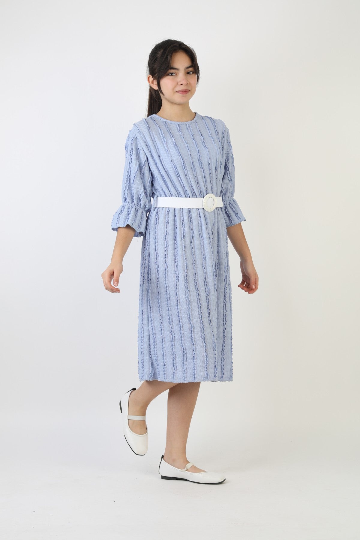 Fırfırlı Bürümcük Kumaş Kız Çocuk Kemerli Günlük Şık ve Rahat Elbise