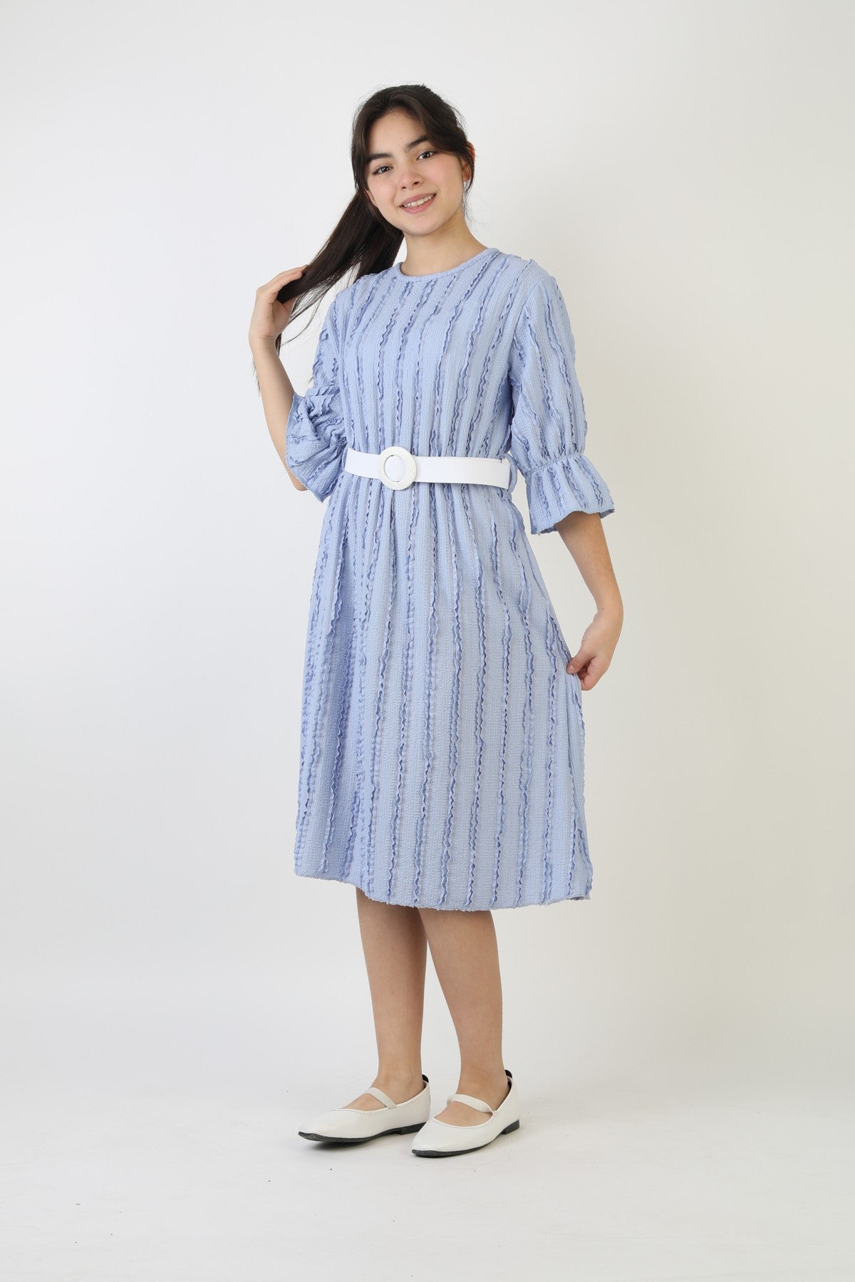 Fırfırlı Bürümcük Kumaş Kız Çocuk Kemerli Günlük Şık ve Rahat Elbise