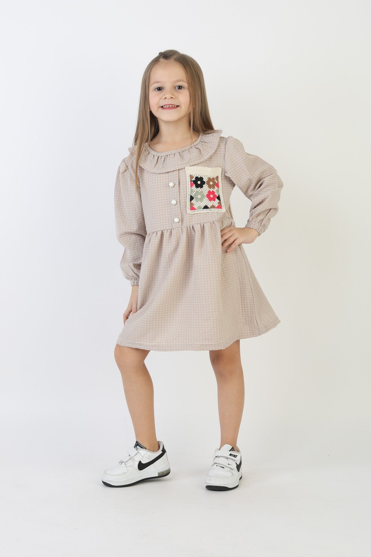 İşlemeli Gofre Kumaş Kız Çocuk Günlük Şık Rahat Ve Trend Elbise