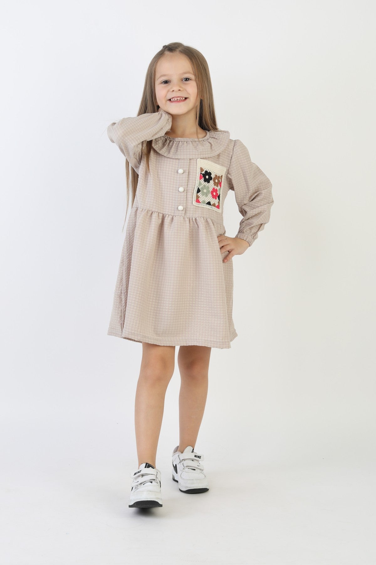 İşlemeli Gofre Kumaş Kız Çocuk Günlük Şık Rahat Ve Trend Elbise