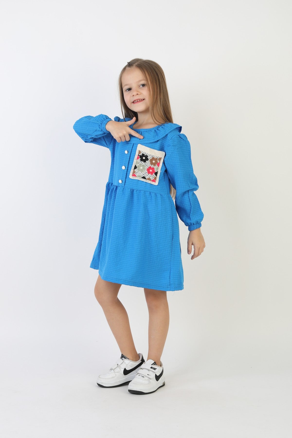 İşlemeli Gofre Kumaş Kız Çocuk Günlük Şık Rahat Ve Trend Elbise