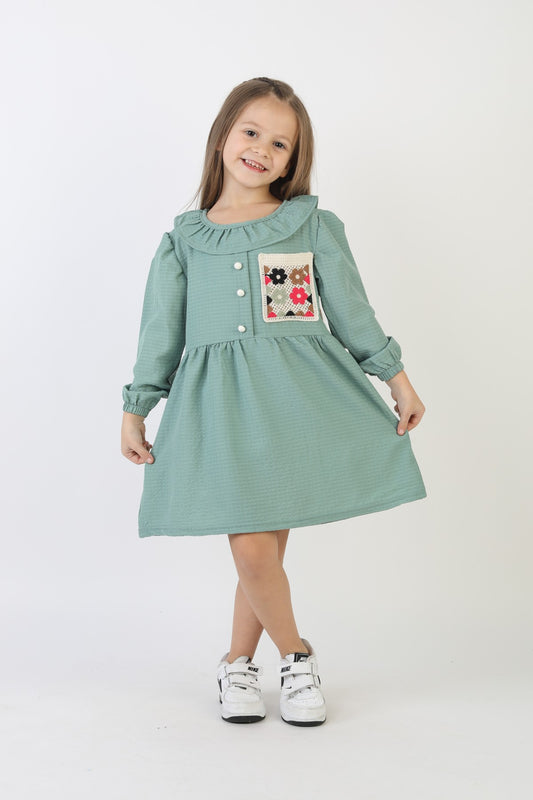 İşlemeli Gofre Kumaş Kız Çocuk Günlük Şık Rahat Ve Trend Elbise