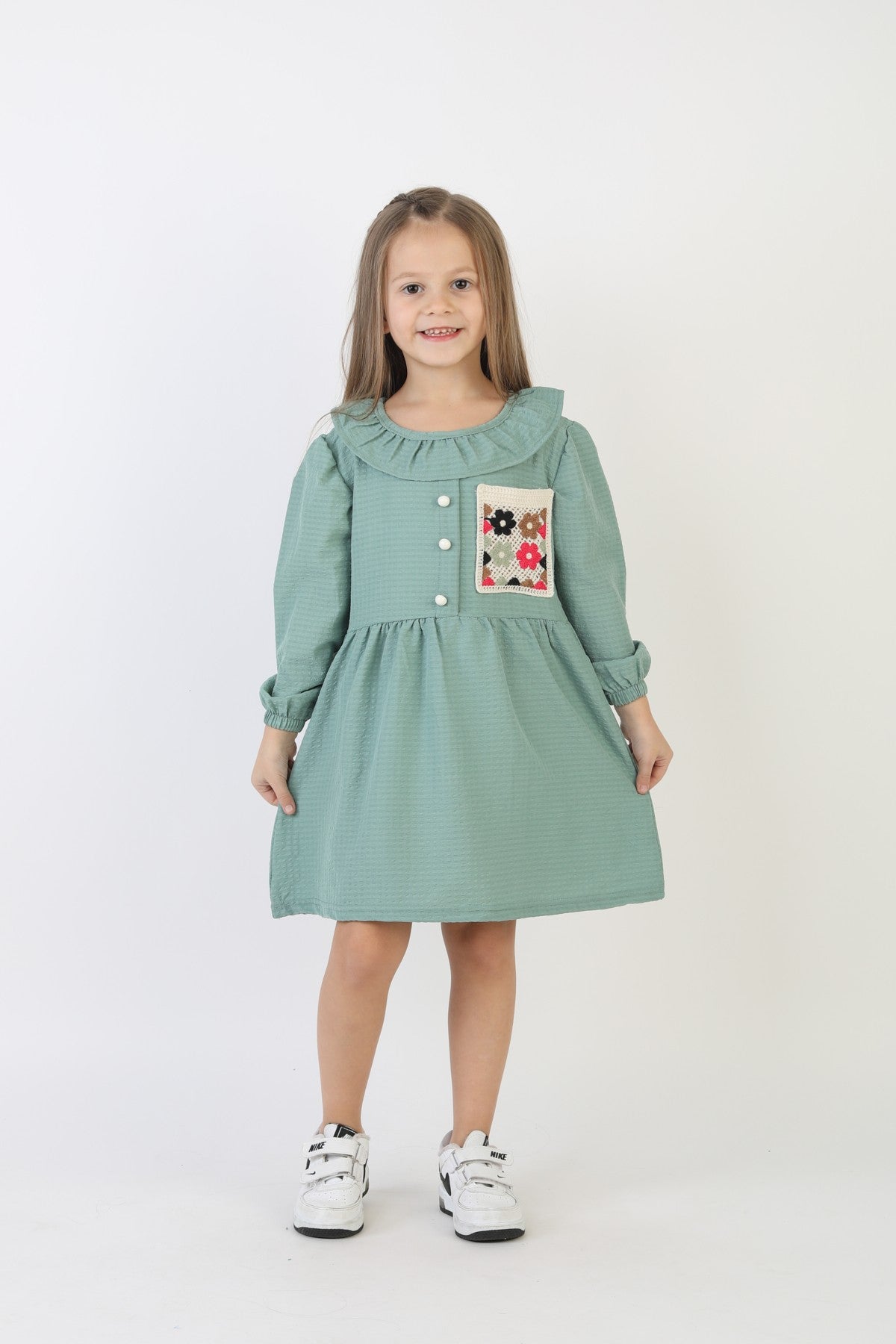 İşlemeli Gofre Kumaş Kız Çocuk Günlük Şık Rahat Ve Trend Elbise