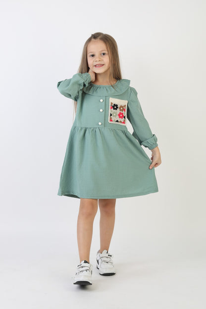 İşlemeli Gofre Kumaş Kız Çocuk Günlük Şık Rahat Ve Trend Elbise