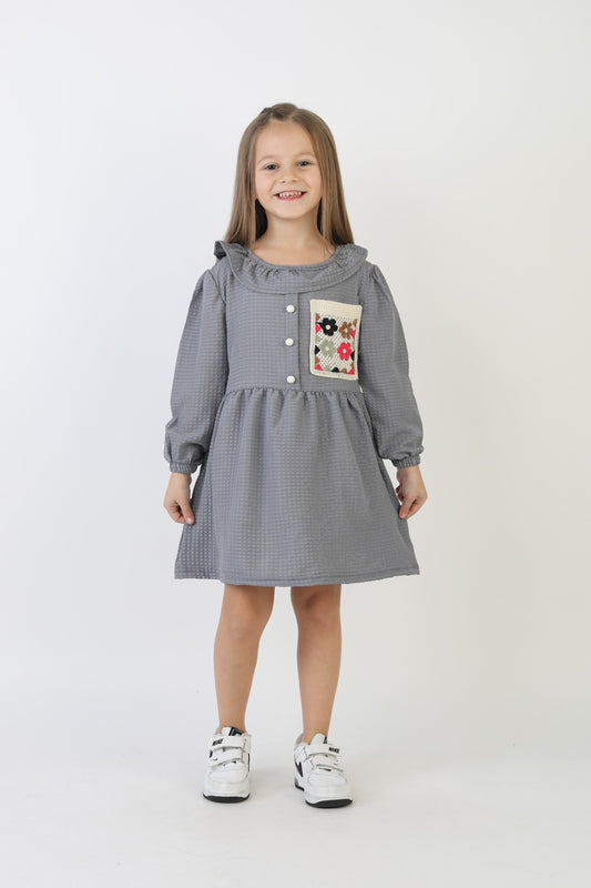 İşlemeli Gofre Kumaş Kız Çocuk Günlük Şık Rahat Ve Trend Elbise