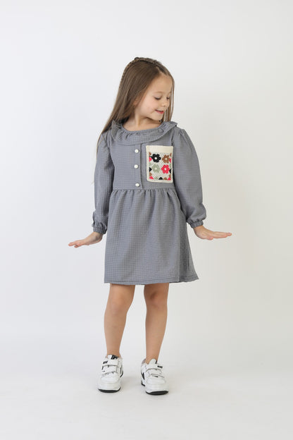 İşlemeli Gofre Kumaş Kız Çocuk Günlük Şık Rahat Ve Trend Elbise