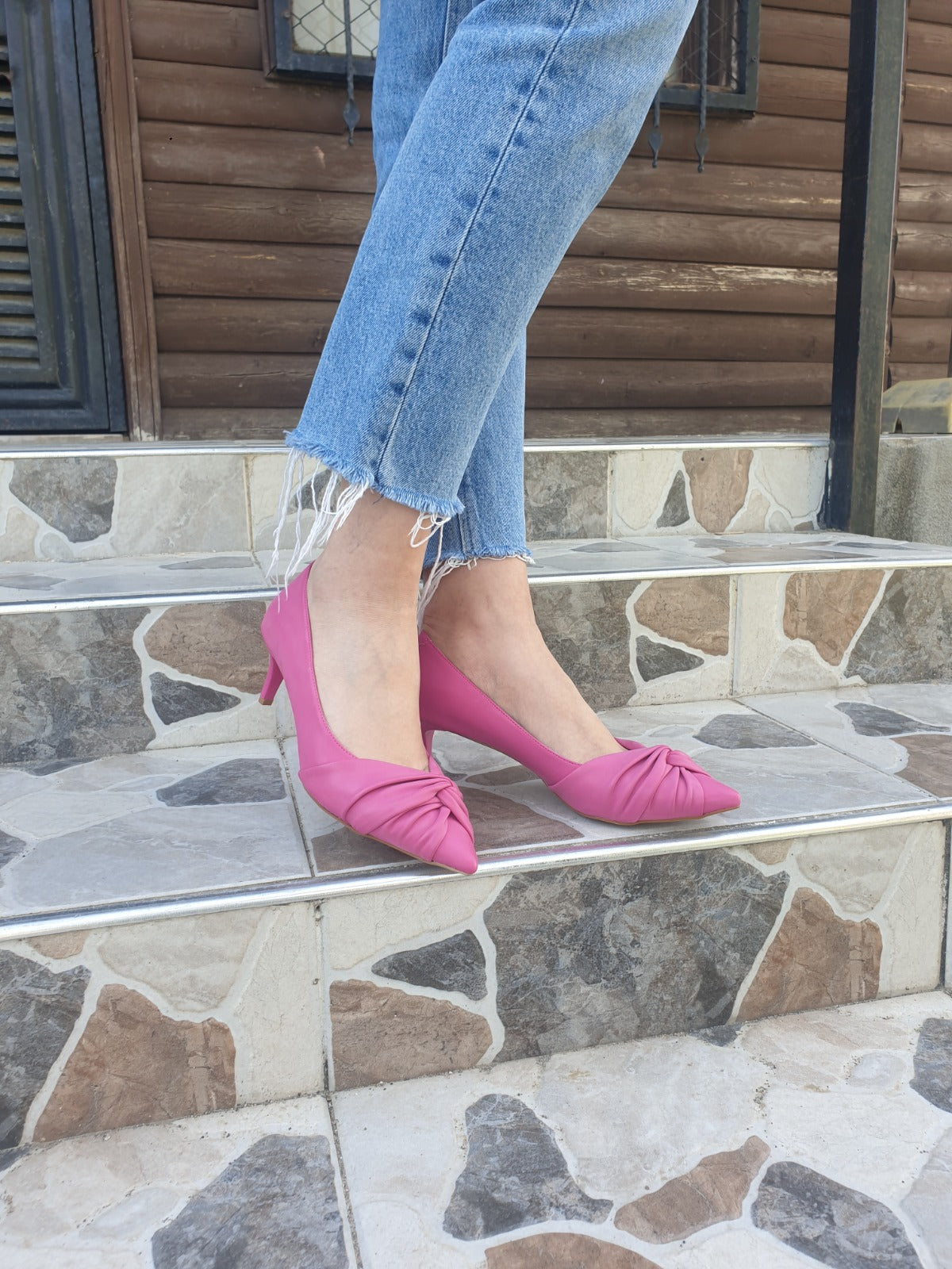 Pembe Deri Kadın Stiletto - 6 cm İnce Topuklu Düğüm Detaylı Günlük Ayakkabı
