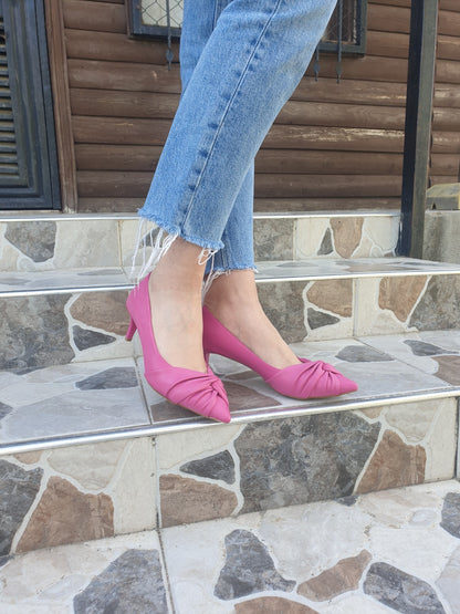 Pembe Deri Kadın Stiletto - 6 cm İnce Topuklu Düğüm Detaylı Günlük Ayakkabı