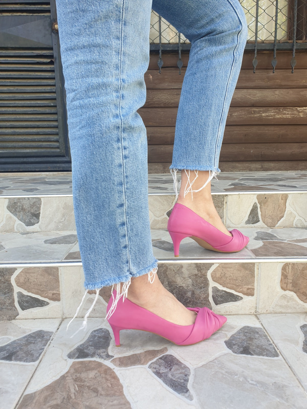 Pembe Deri Kadın Stiletto - 6 cm İnce Topuklu Düğüm Detaylı Günlük Ayakkabı