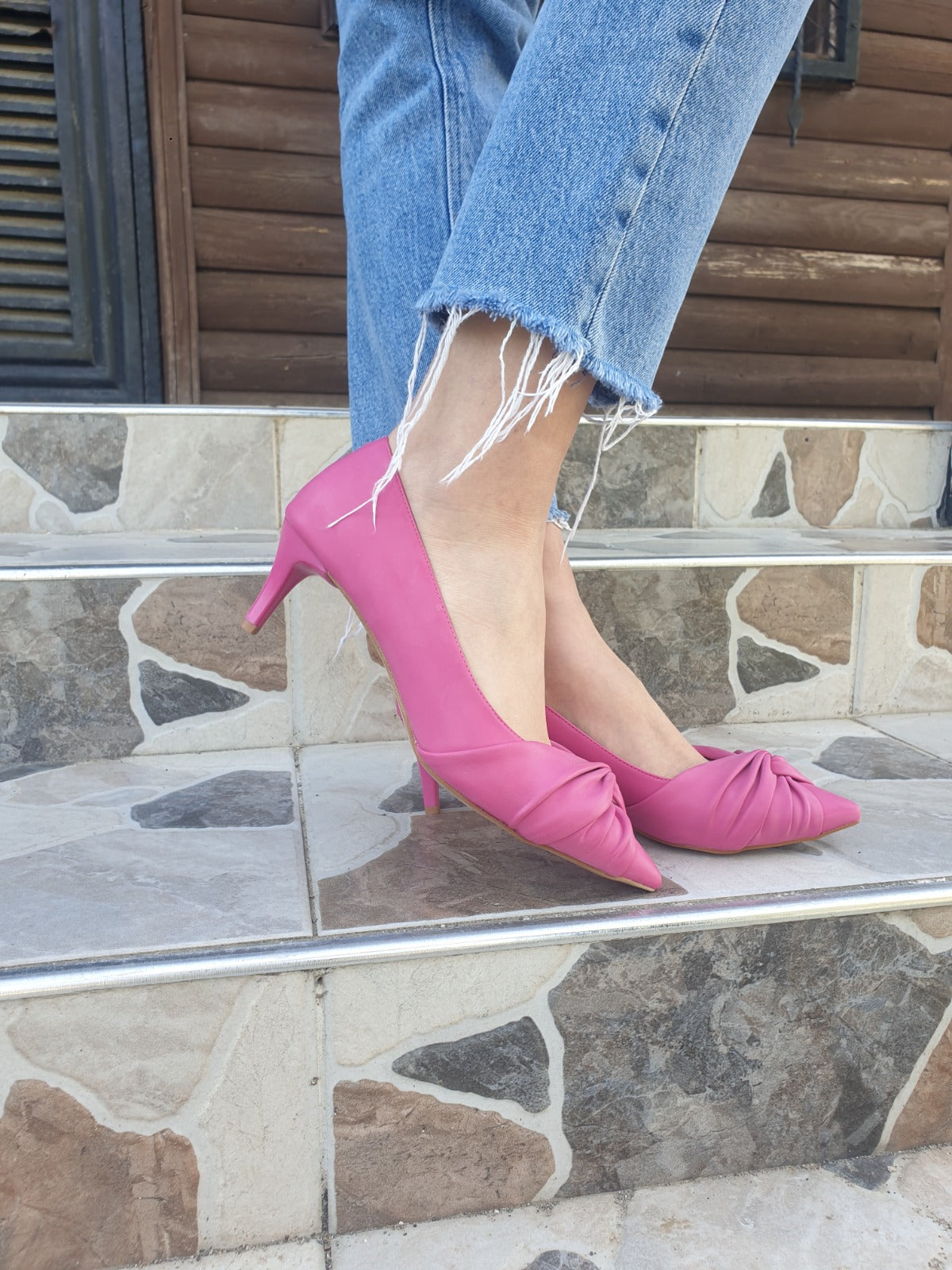 Pembe Deri Kadın Stiletto - 6 cm İnce Topuklu Düğüm Detaylı Günlük Ayakkabı