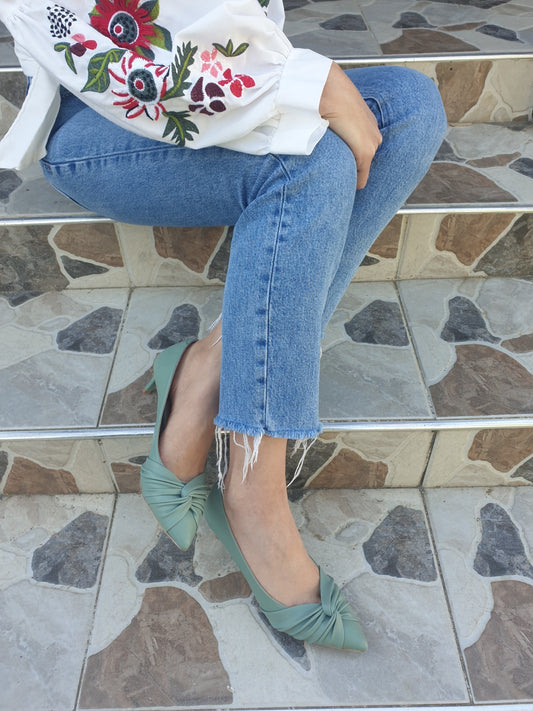Mint Yeşili Düğüm Detaylı Stiletto - 6 cm İnce Topuklu Günlük Ayakkabı